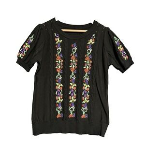 Cici Bird Sweater Top Cottagecore Black Floral Embroidered Knit Boho Size Large